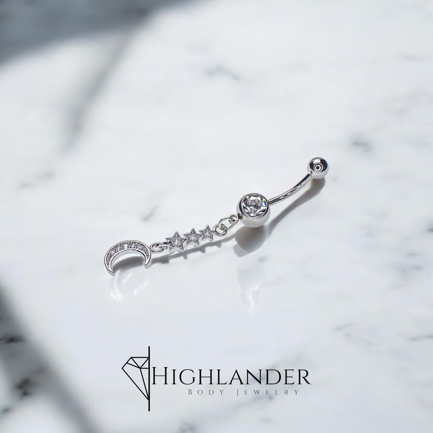 Four Clear CZ Paved Stars and Crescent Moon Navel Piercing - Dangle