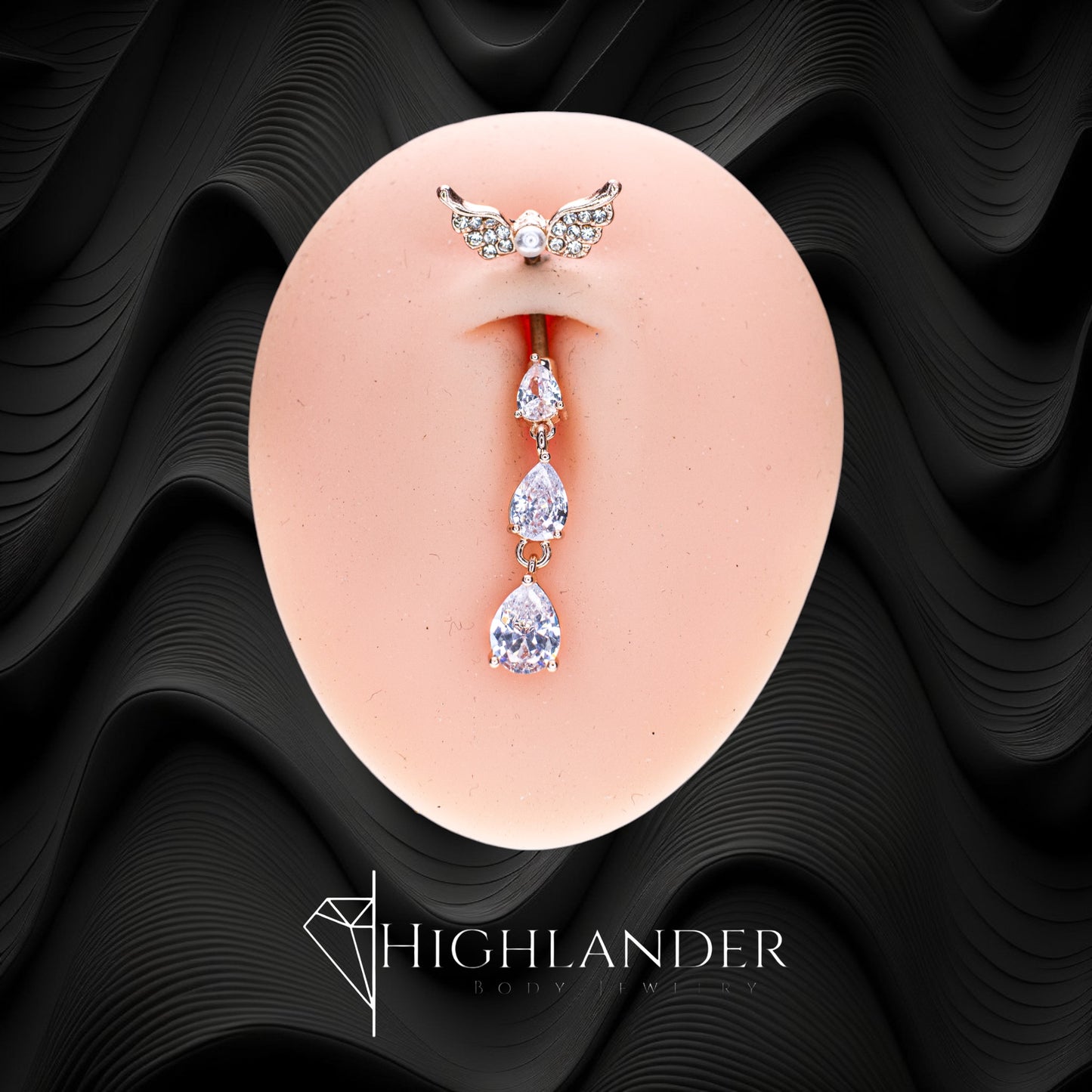 Rose Gold Clear CZ Paved Wing Top with Triple Clear CZ Teardrop Navel Piercing - Dangle