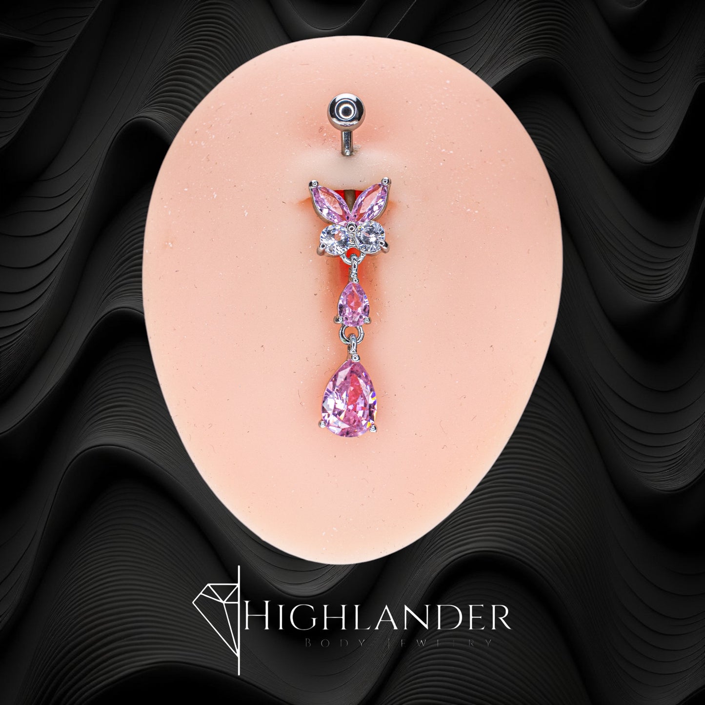 Pink and Clear CZ Butterfly with Double Teardrop Drop Navel Piercing - Dangle