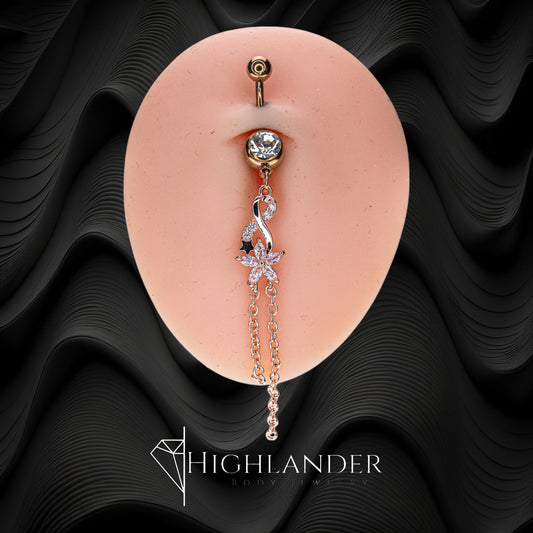 Rose Gold Clear CZ Intertwined Teardrops Navel Piercing - Dangle