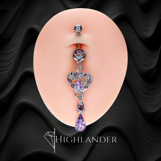 Filigree Heart with Purple CZ Navel Piercing - Dangle