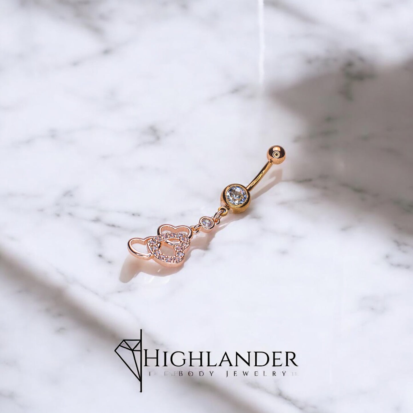 Rose Gold Intertwined Triple Hearts with Clear CZ Navel Piercing - Dangle