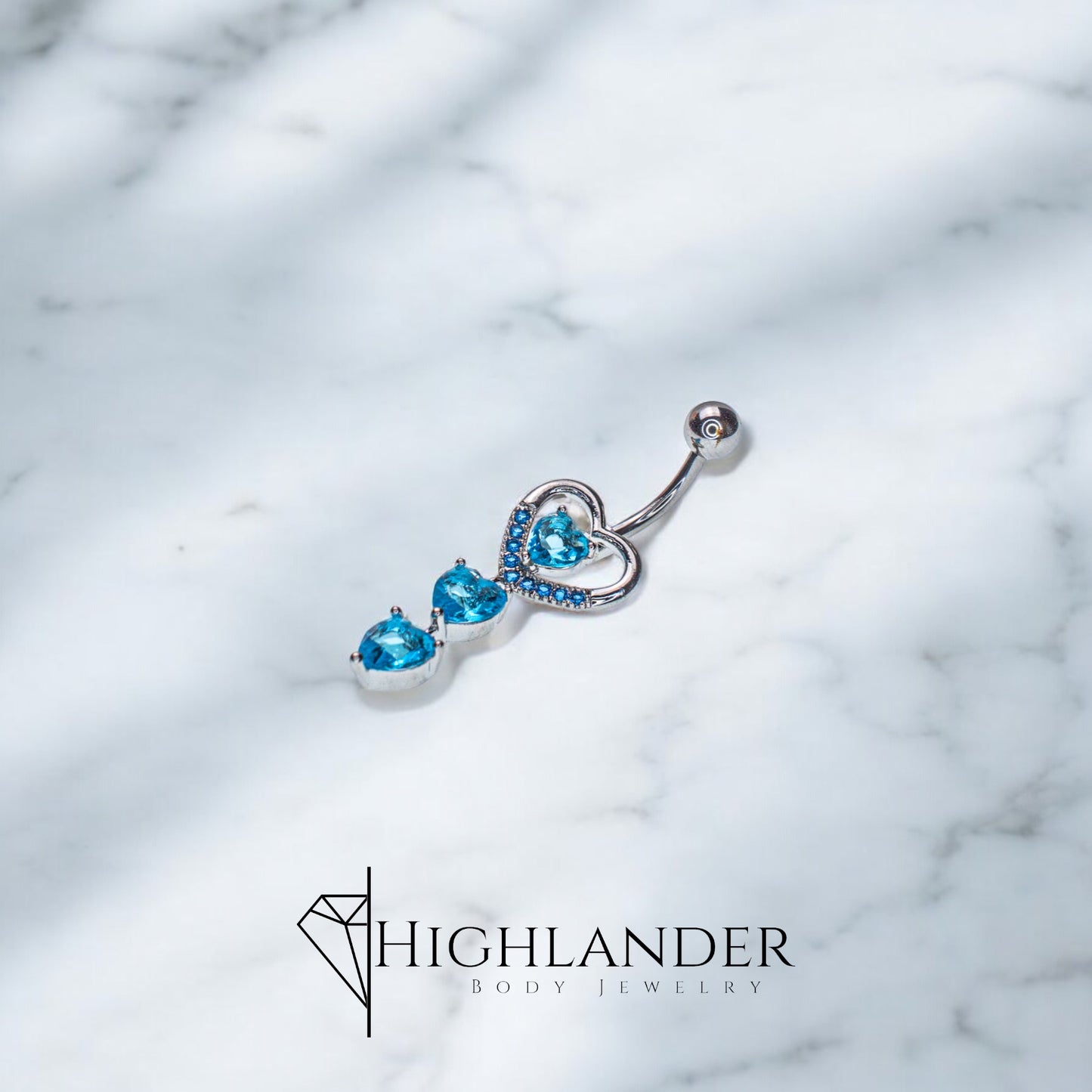 Aqua CZ Accented Heart Navel Piercing - Dangle