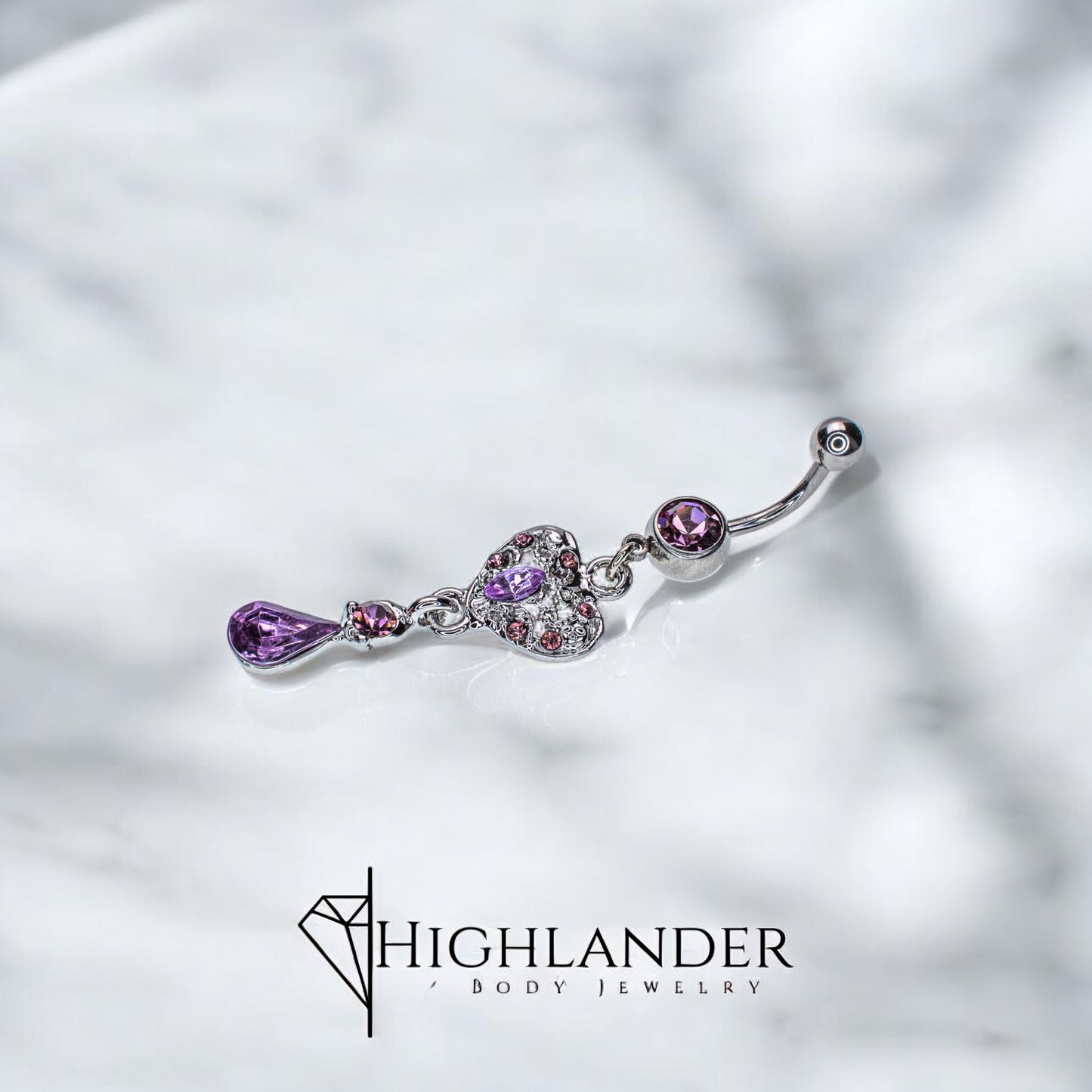 Filigree Heart with Purple CZ Navel Piercing - Dangle