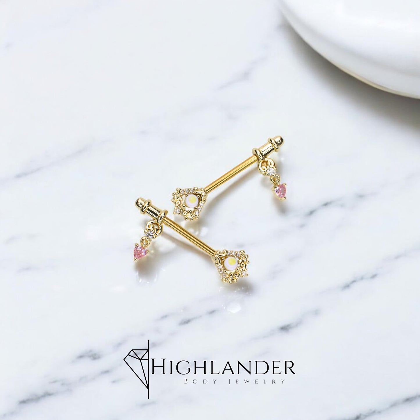 White Illuminating Stone with Gold Filigree Key with Pink CZ Heart Nipple Barbells