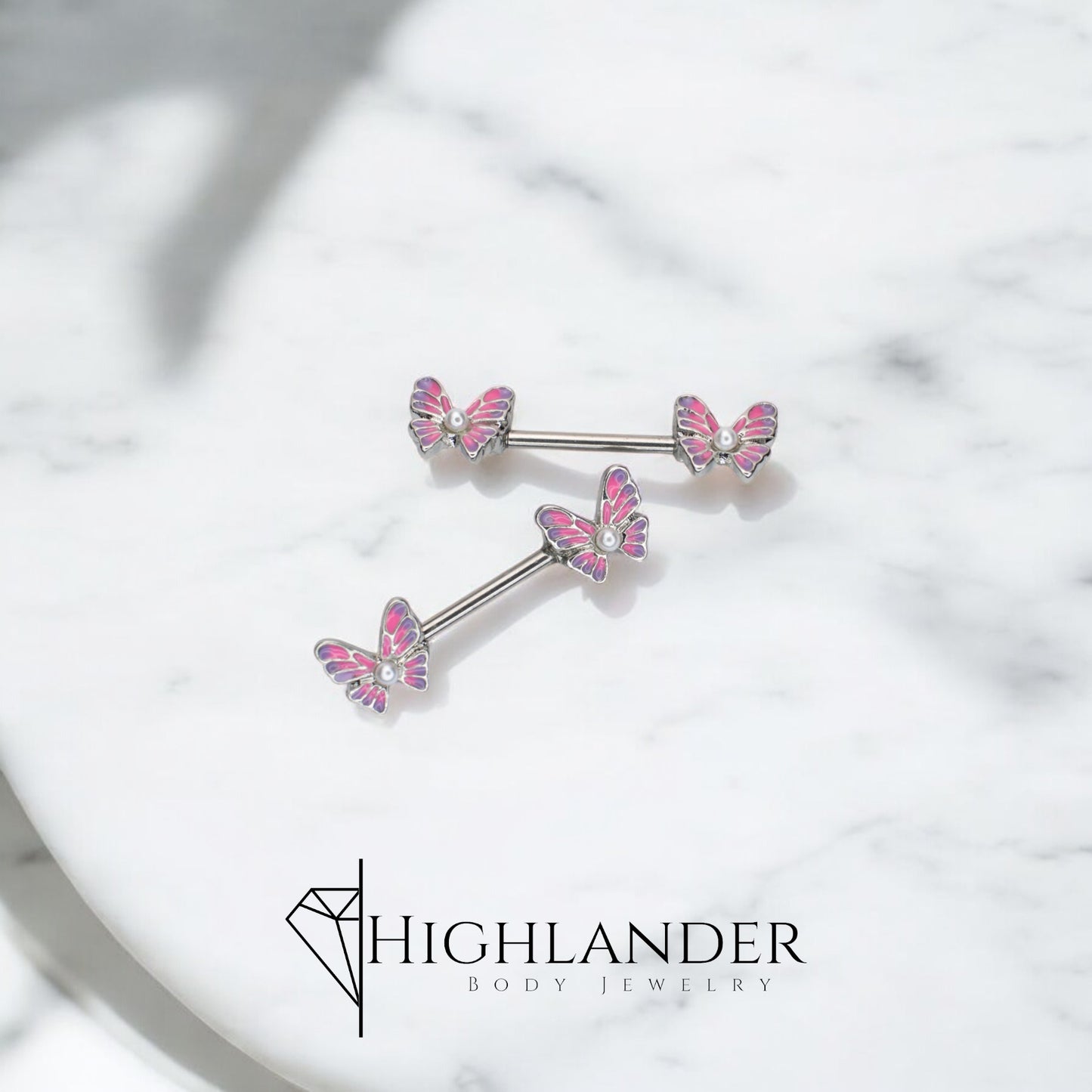 Pink and Purple Enamel Butterfly with Pearl Nipple Barbells