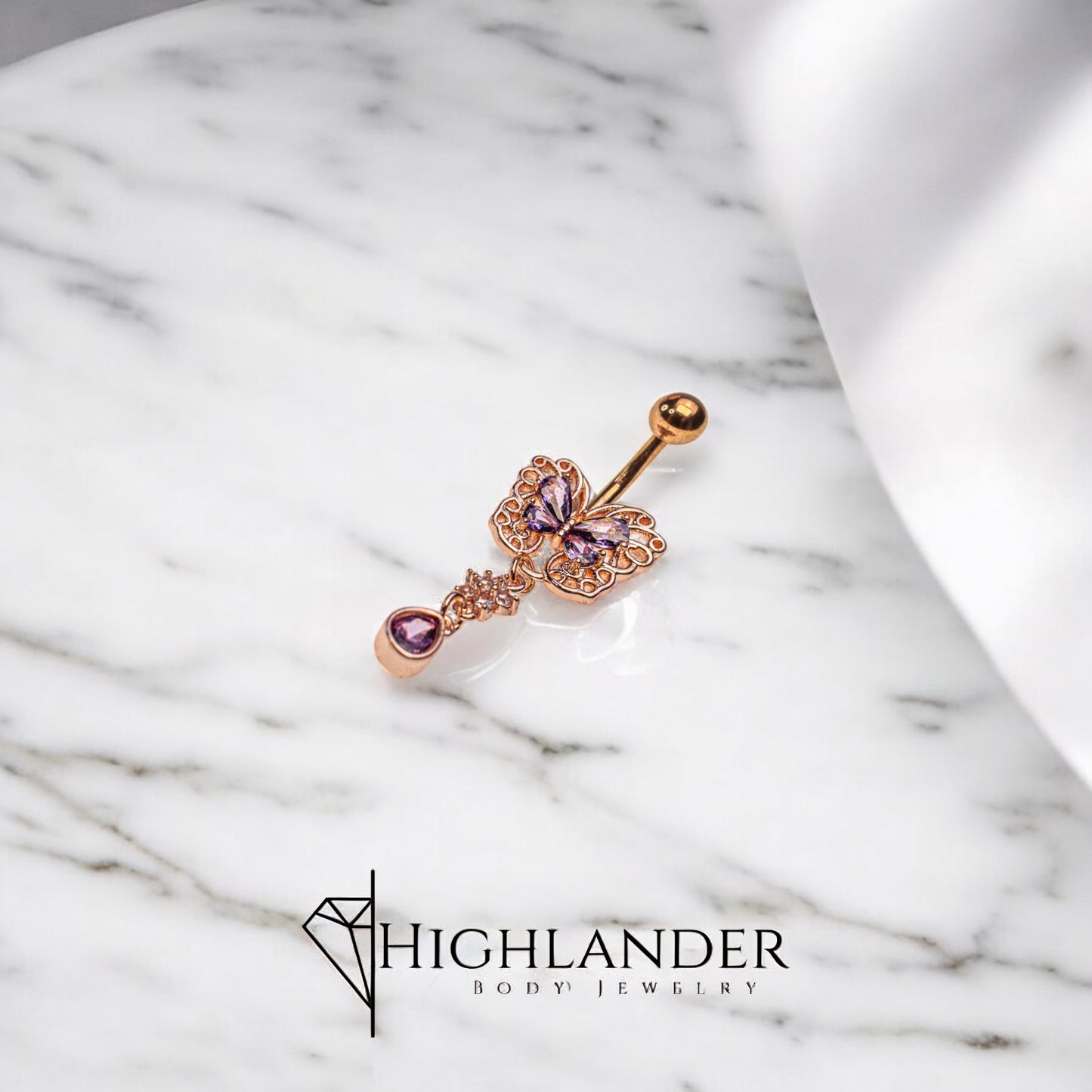 Rose Gold Butterfly with Purple and Clear CZ Accents Navel Piercing - Dangle