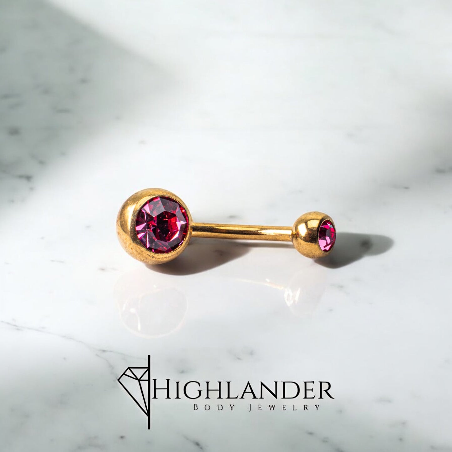 Gold over 316L Surgical Stainless Steel Dark Pink CZ Double Ball Navel Piercing - Non Dangle