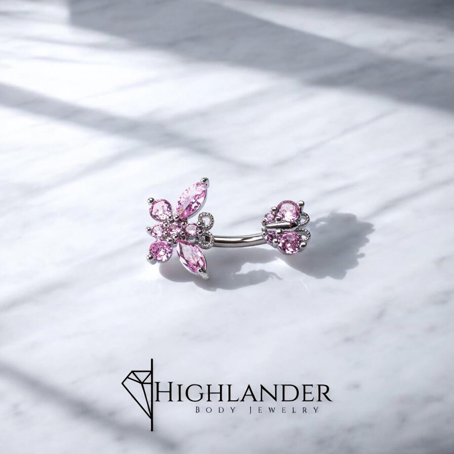 Pink CZ Double Butterfly Navel Piercing - Non Dangle