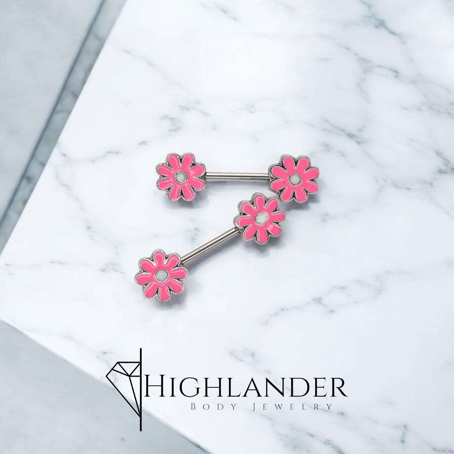 Pink Enamel Daisy with White Center Nipple Barbells