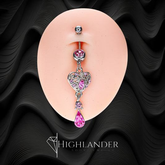 Filigree Heart with Pink CZ Navel Piercing - Dangle