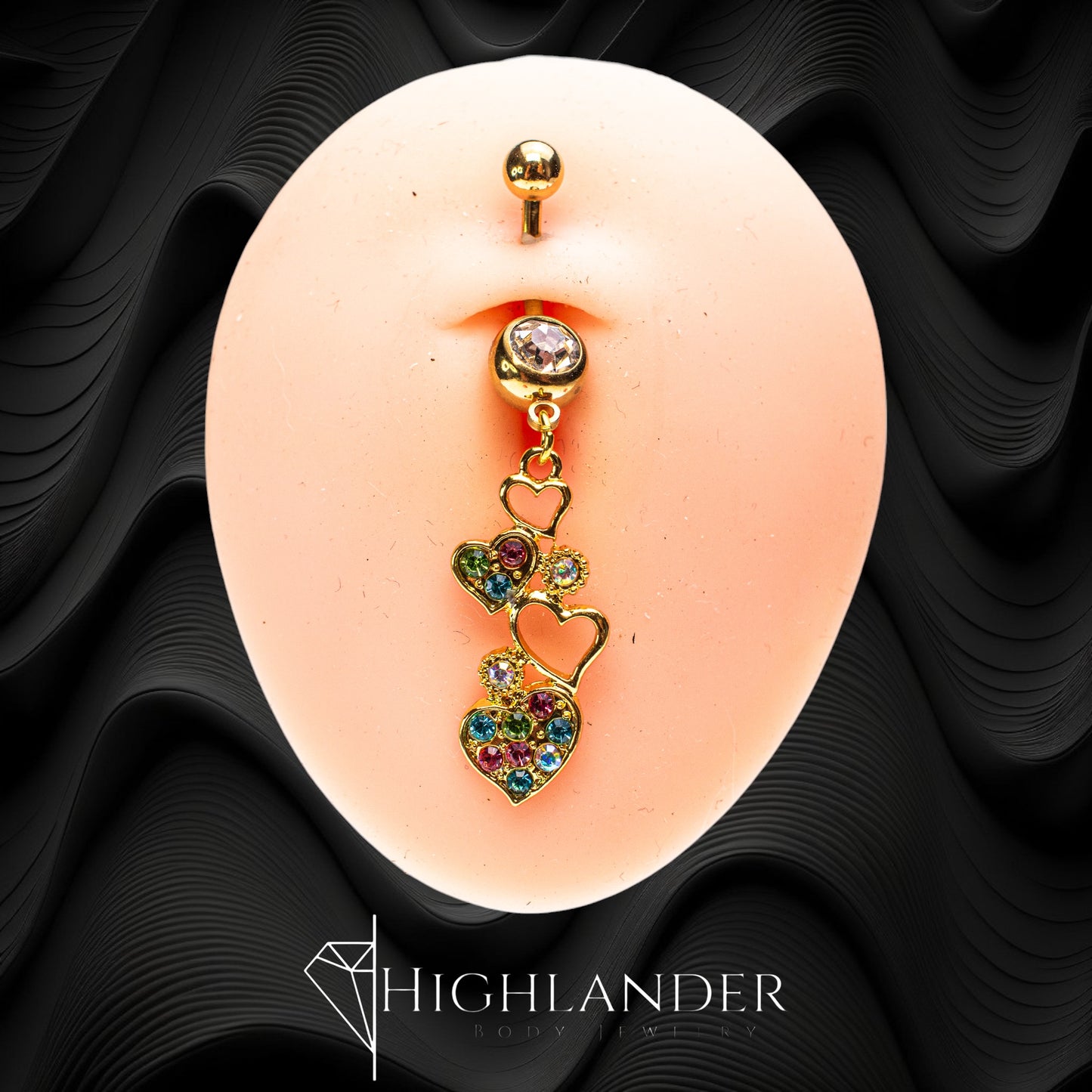 Gold Hearts with Multi Color CZ Navel Piercing - Dangle