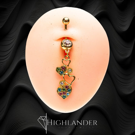 Gold Hearts with Multi Color CZ Navel Piercing - Dangle