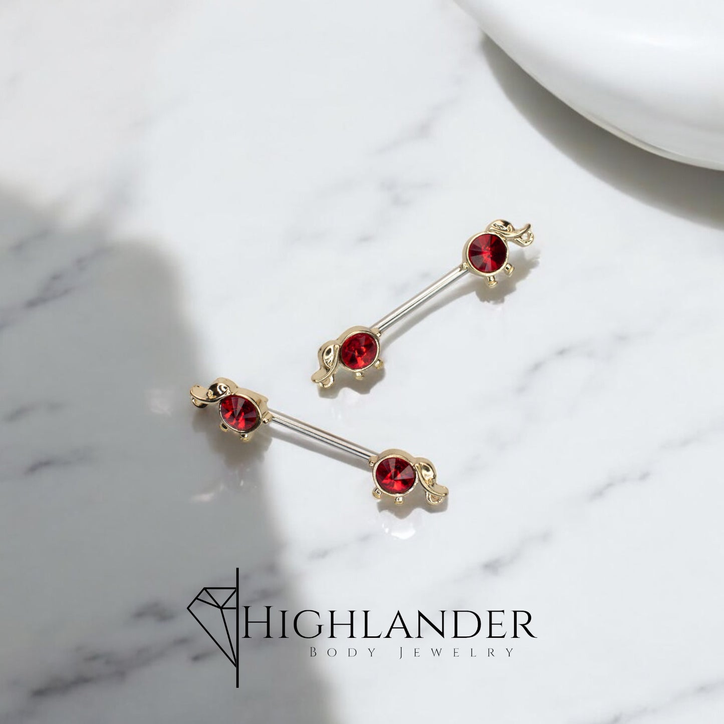 Gold with Red CZ Elephant Nipple Barbells