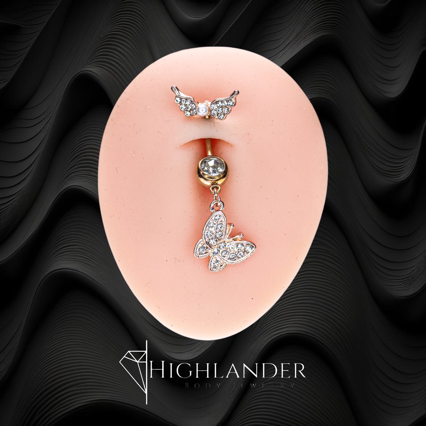 Rose Gold Clear CZ Paved Wing Top with Clear CZ Paved Butterfly Navel Piercing - Dangle