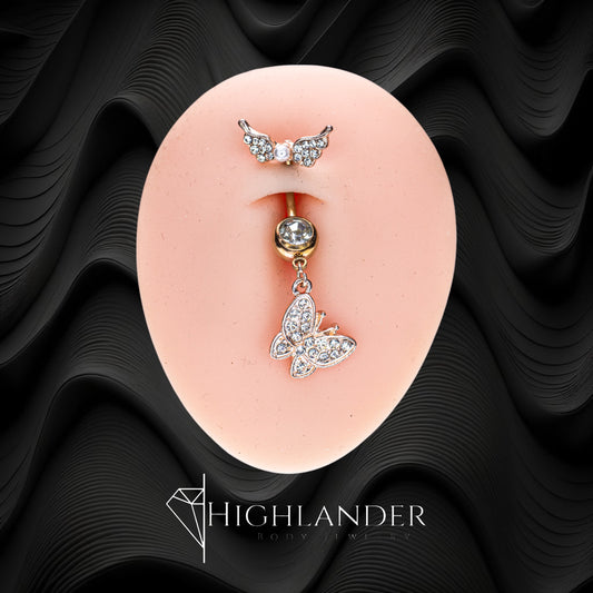 Rose Gold Clear CZ Paved Wing Top with Clear CZ Paved Butterfly Navel Piercing - Dangle