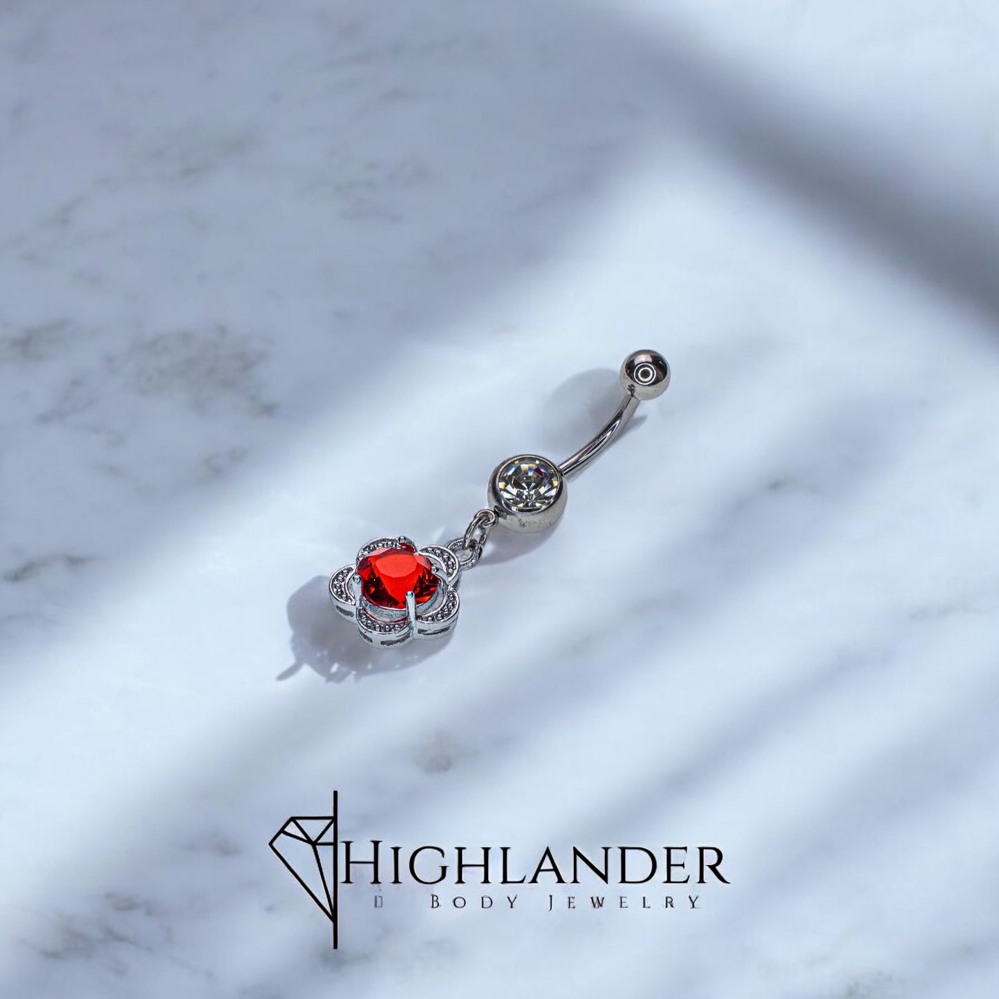 Red CZ Centered Flower Navel Piercing - Dangle