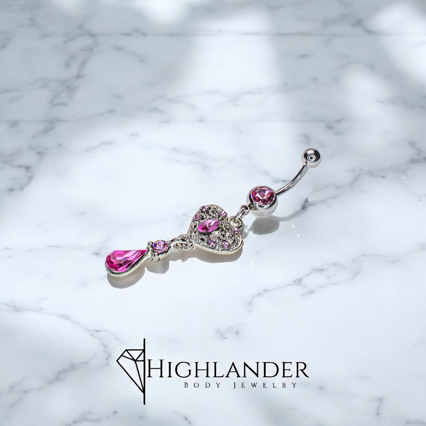 Filigree Heart with Pink CZ Navel Piercing - Dangle