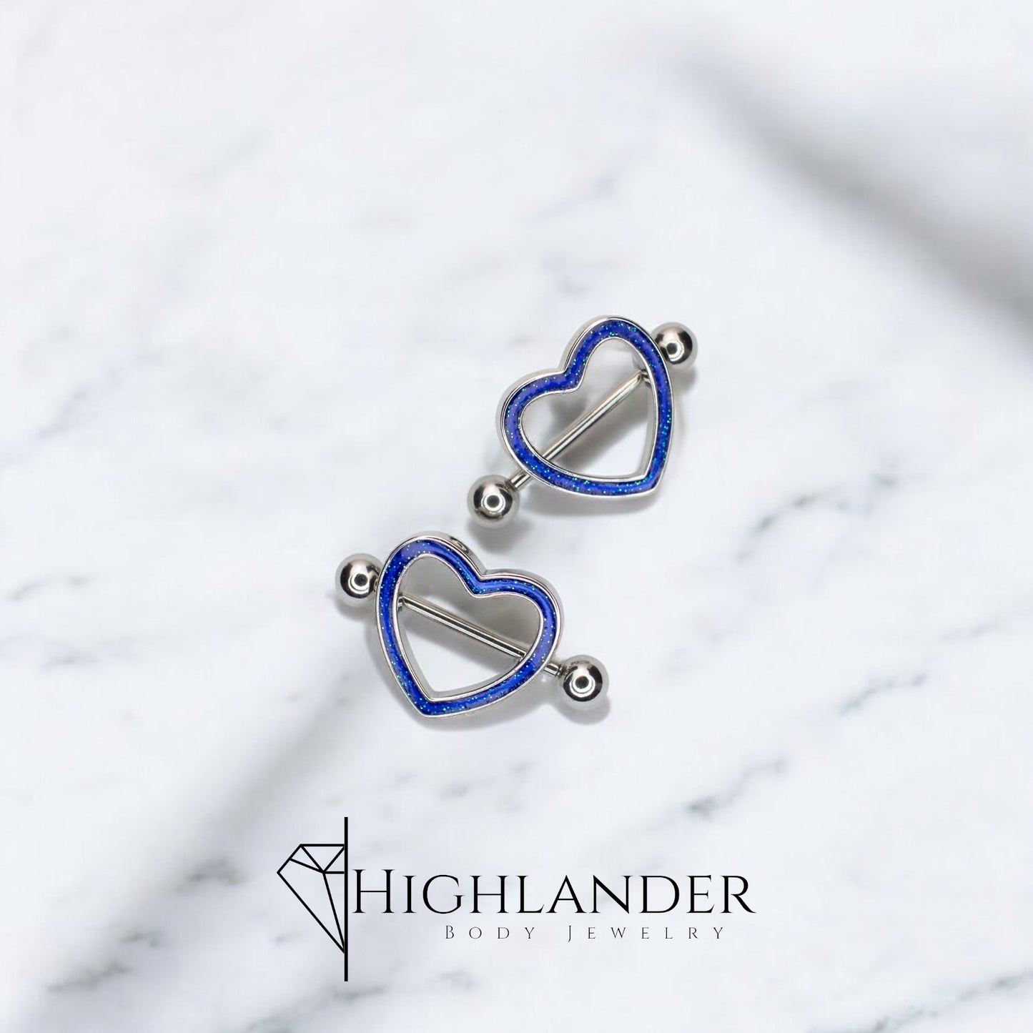 Dark Blue Glitter Enamel Heart Nipple Rings