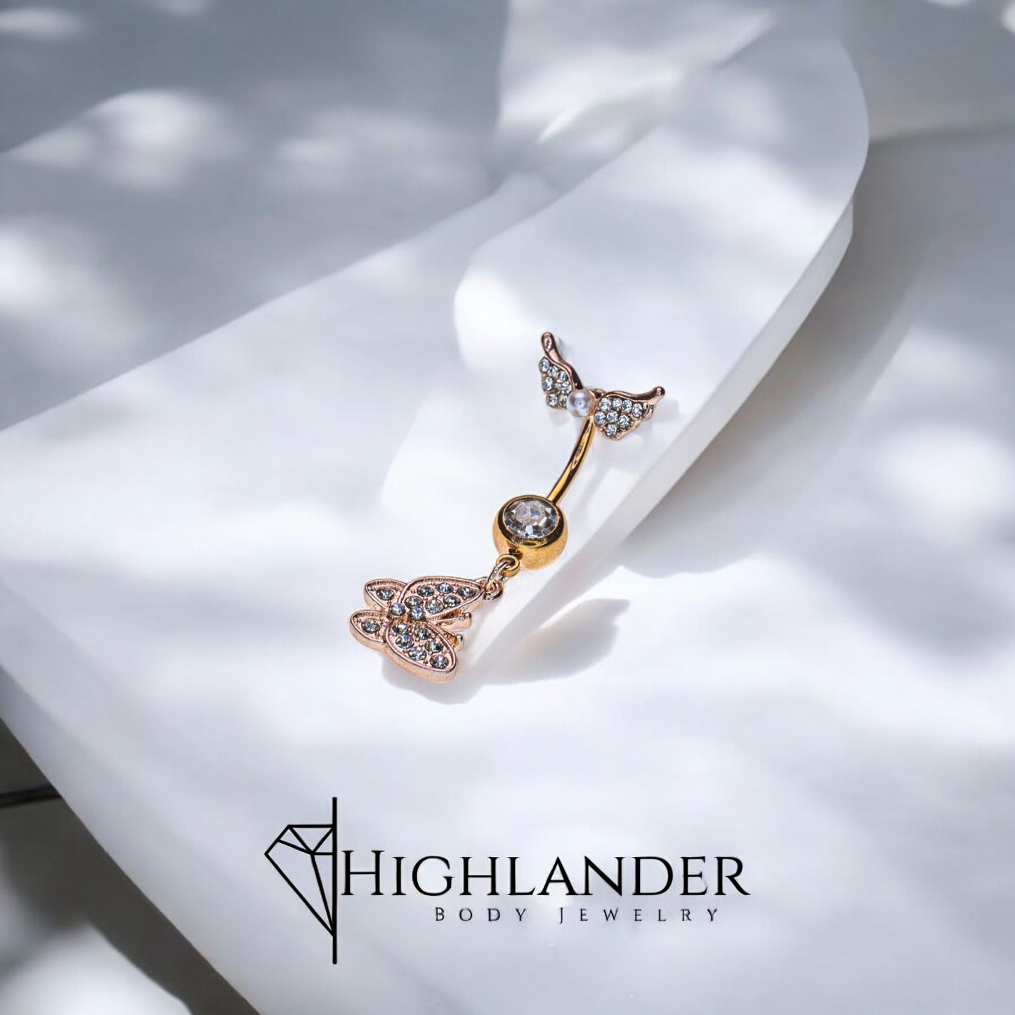 Rose Gold Clear CZ Paved Wing Top with Clear CZ Paved Butterfly Navel Piercing - Dangle