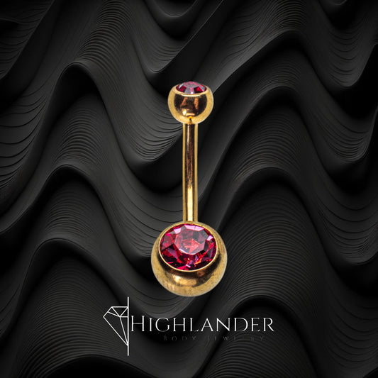 Gold over 316L Surgical Stainless Steel Dark Pink CZ Double Ball Navel Piercing - Non Dangle