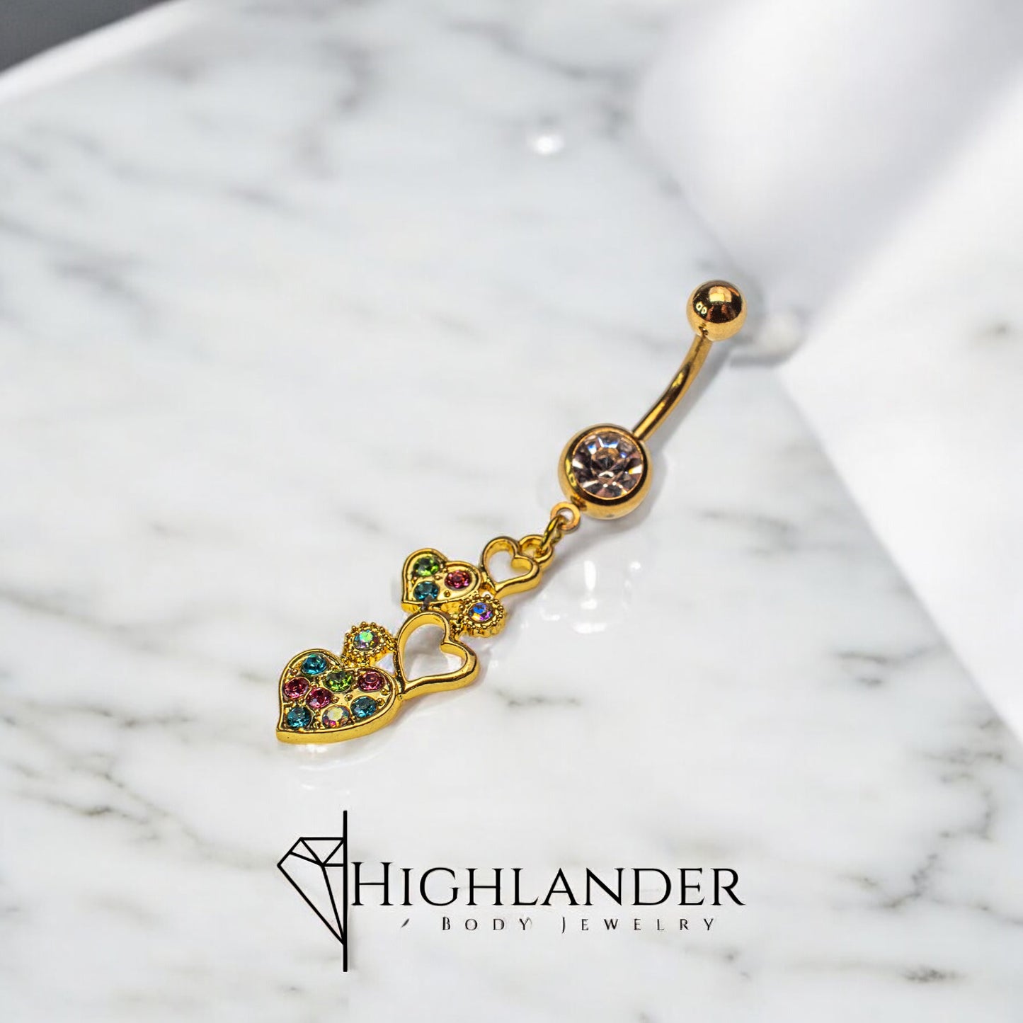 Gold Hearts with Multi Color CZ Navel Piercing - Dangle