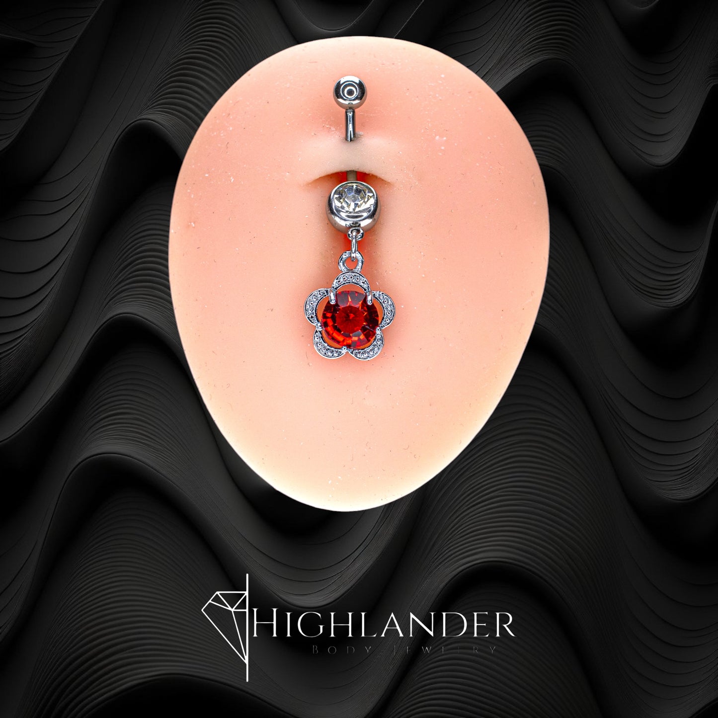 Red CZ Centered Flower Navel Piercing - Dangle