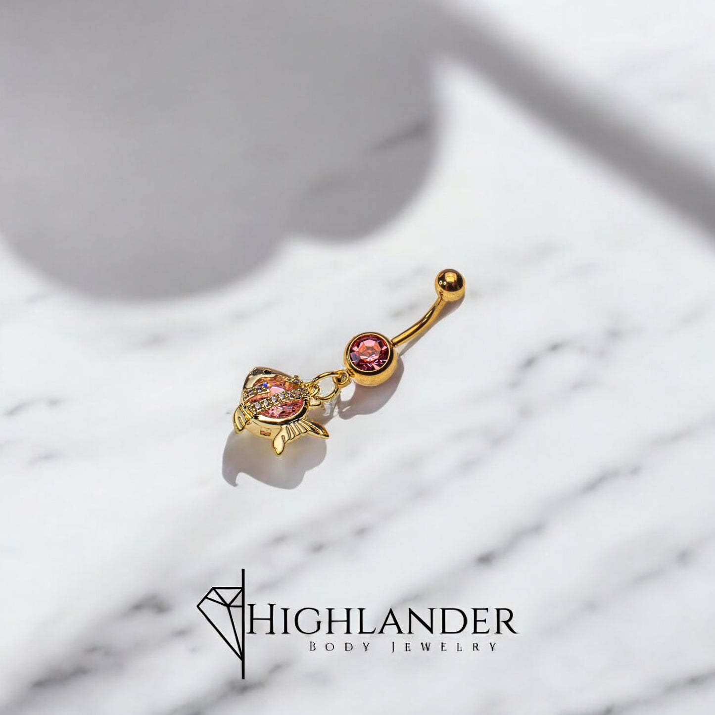 Gold Fish with Clear and Pink CZ Navel Piercing - Dangle