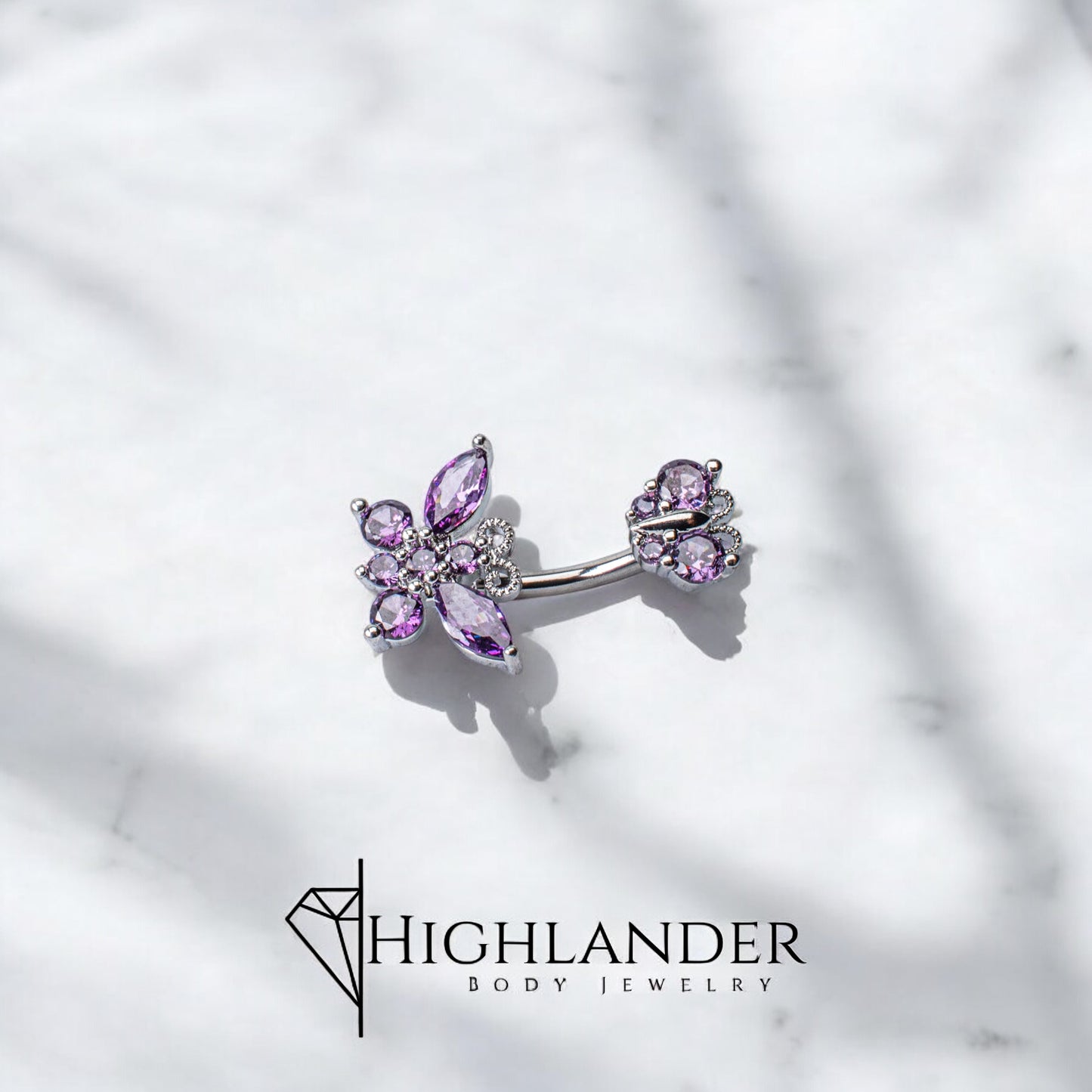 Purple CZ Double Butterfly Navel Piercing - Non Dangle