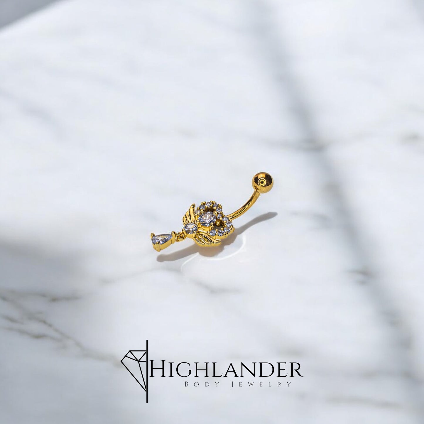 Gold Petite Clear CZ Heart with Wings Navel Piercing - Dangle