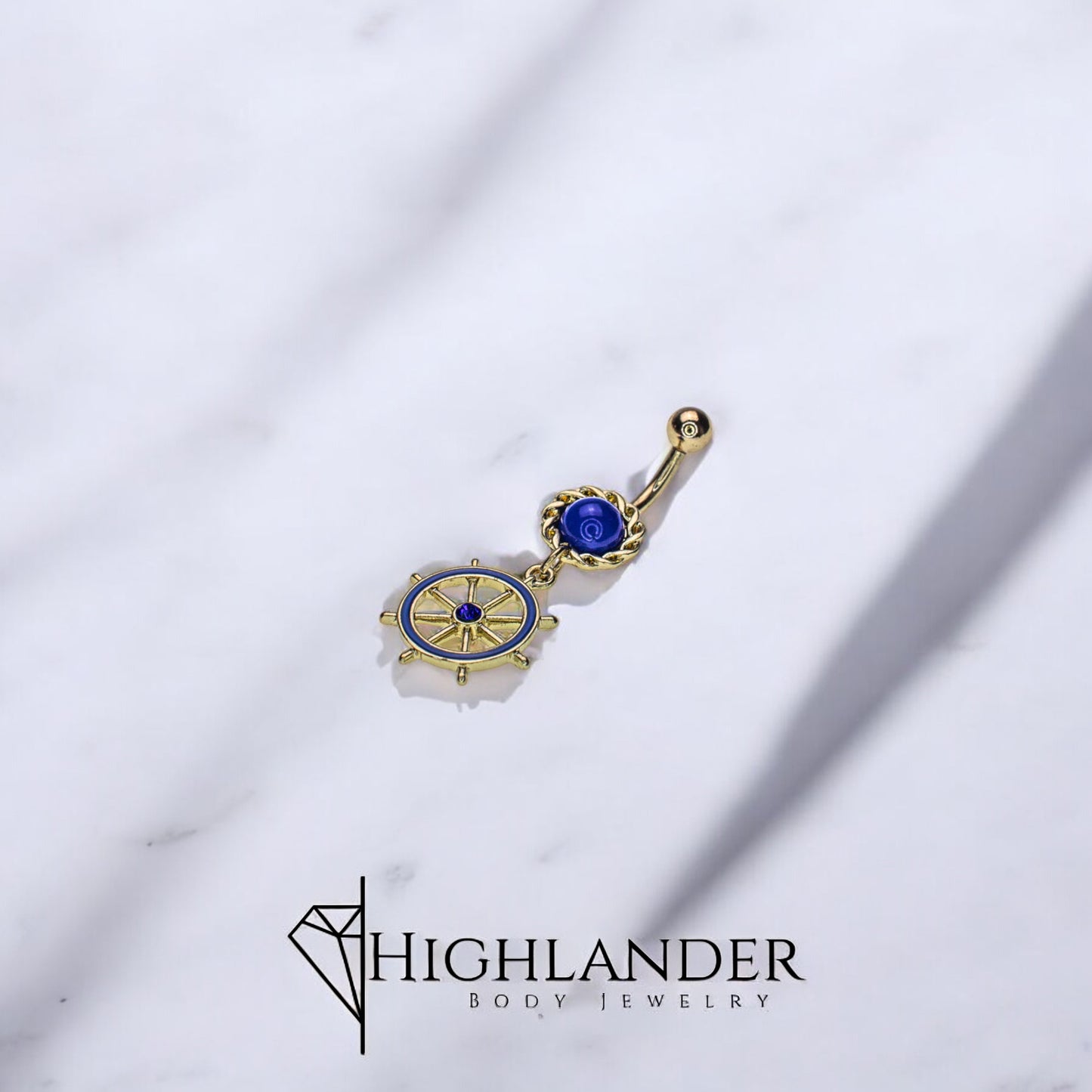 Gold Blue Enamel Ship Wheel Navel Piercing - Dangle