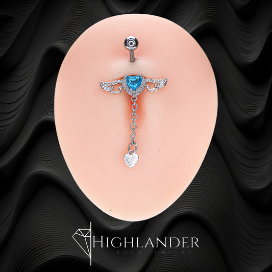 Aqua CZ Heart with Clear CZ Halo and Dangling Heart Navel Piercing - Dangle