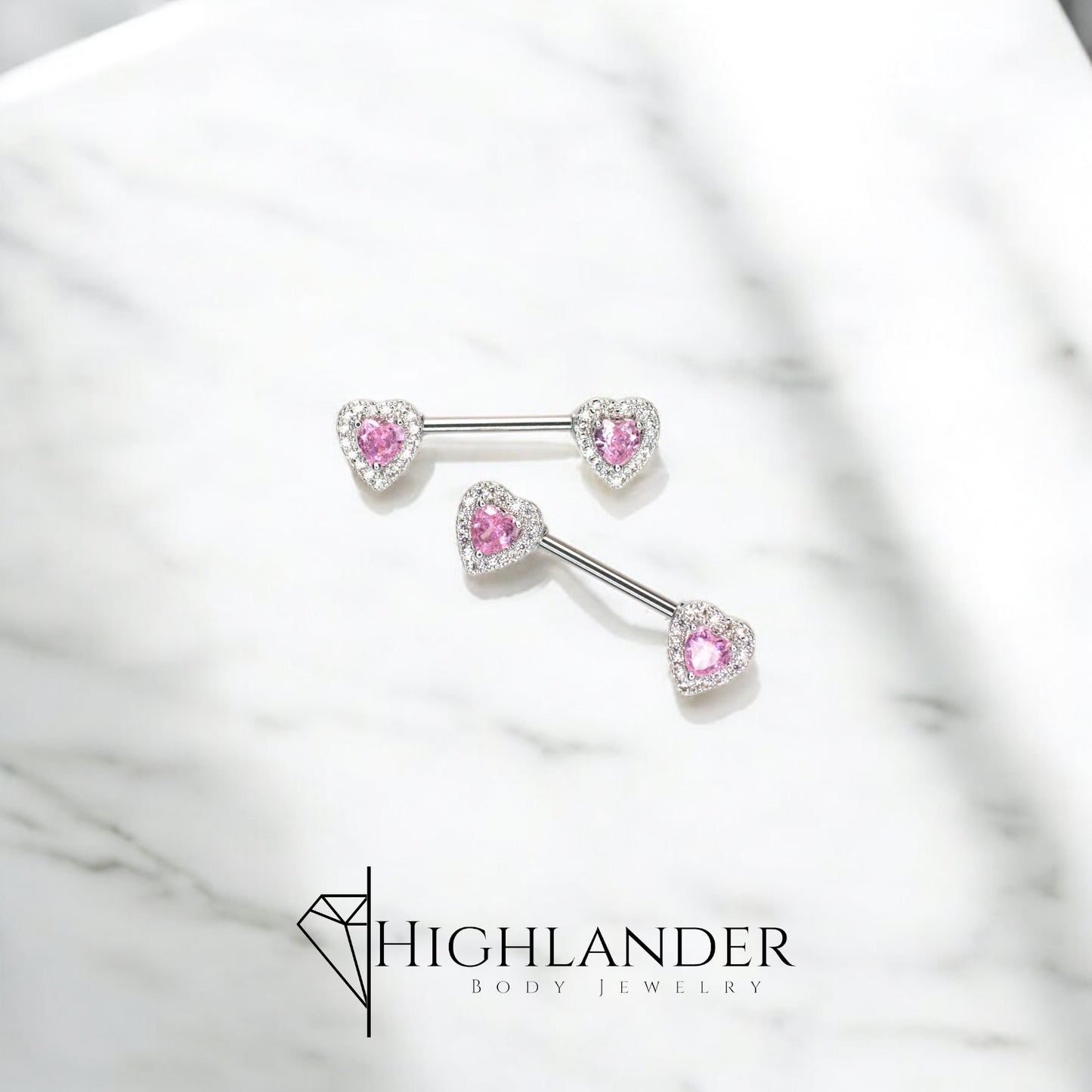 Pink CZ Heart with Clear CZ Halo Nipple Barbells