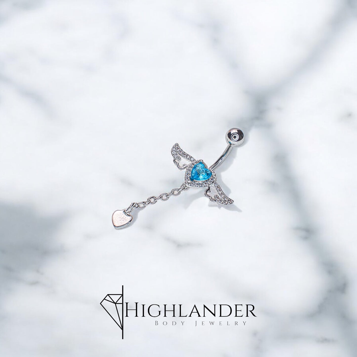 Aqua CZ Heart with Clear CZ Halo and Dangling Heart Navel Piercing - Dangle