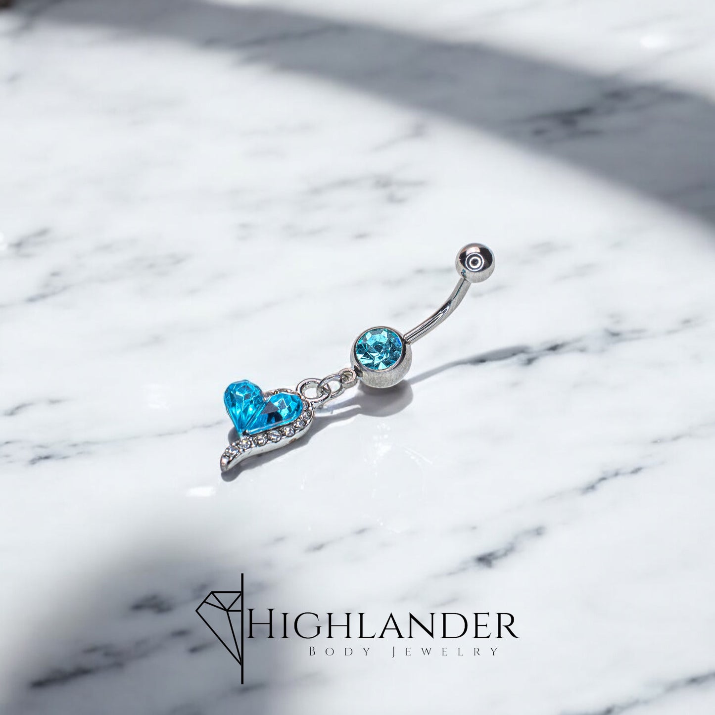 Aqua CZ Heart with Clear CZ Partial Halo Navel Piercing - Dangle