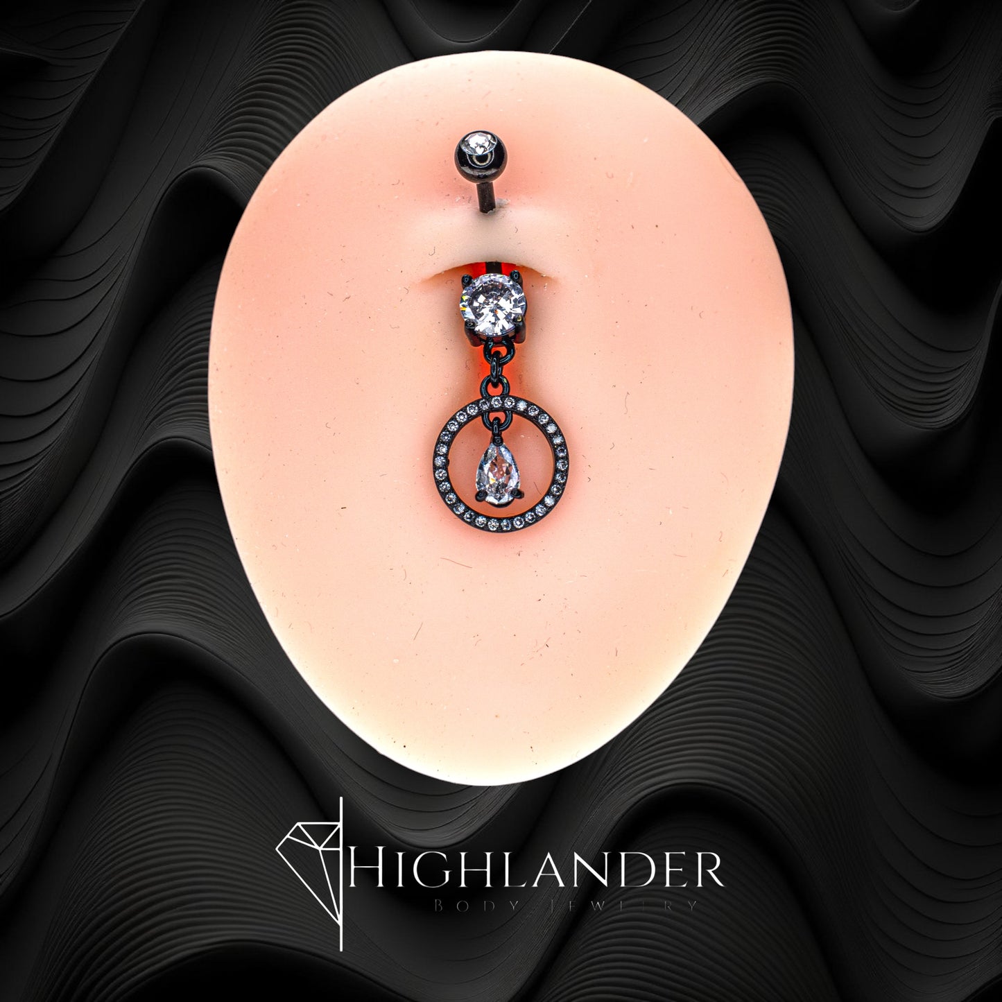 Black PVD Clear CZ Paved Circle with Teardrop Navel Piercing - Dangle