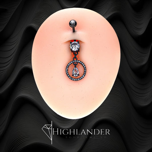 Black PVD Clear CZ Paved Circle with Teardrop Navel Piercing - Dangle