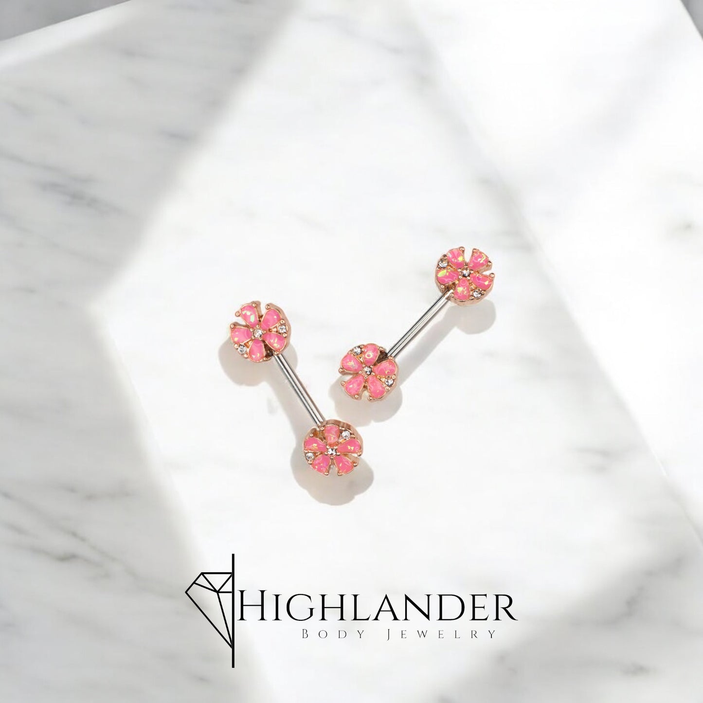 Rose Gold Pink Opal Petal Flower Nipple Barbells