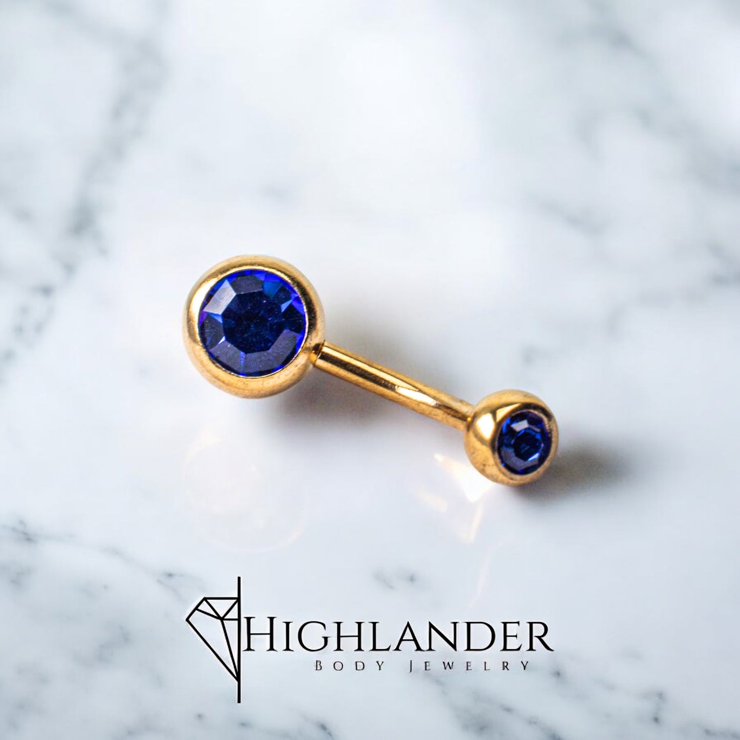 Gold over 316L Surgical Stainless Steel Royal Blue CZ Double Ball Navel Piercing - Non Dangle