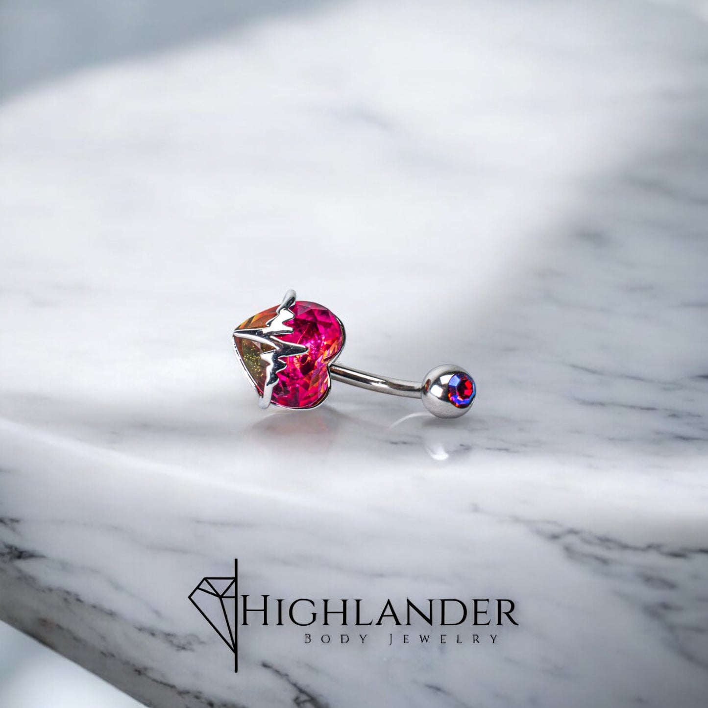 Red Iridescent CZ Heart with Silver Pulse Accent Navel Piercing - Non Dangle