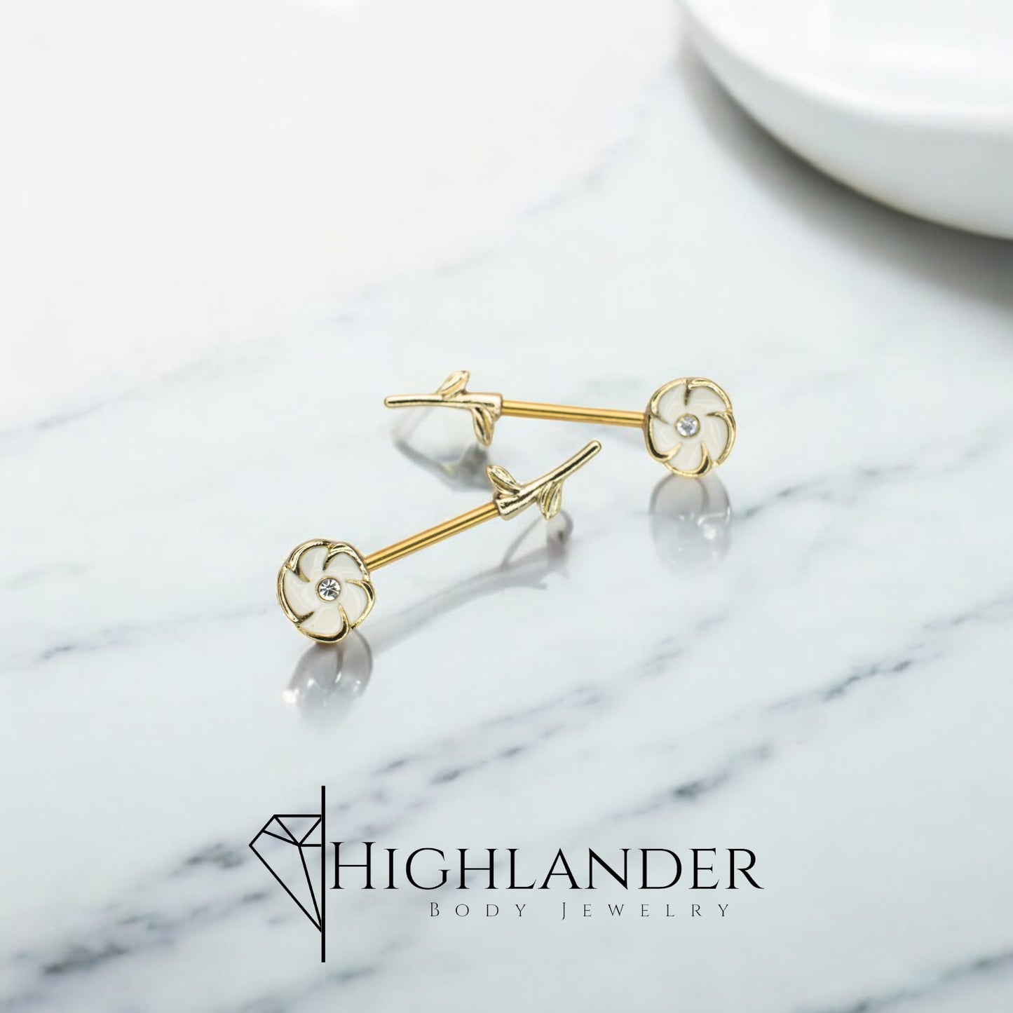 Gold White Enamel Flower with Clear CZ Center Nipple Barbells