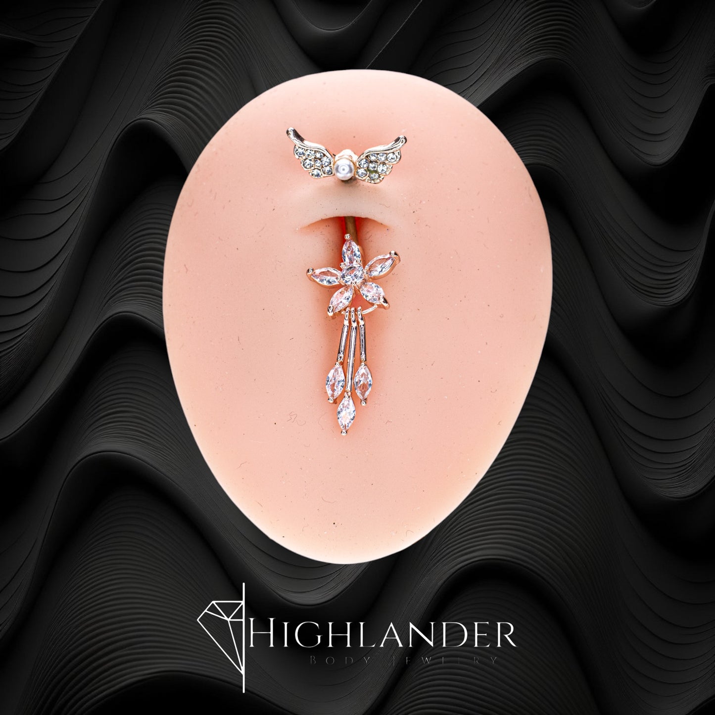 Rose Gold Clear Paved Wings Top 5 Clear CZ Petal Flower with 3 Spikes Navel Piercing - Dangle