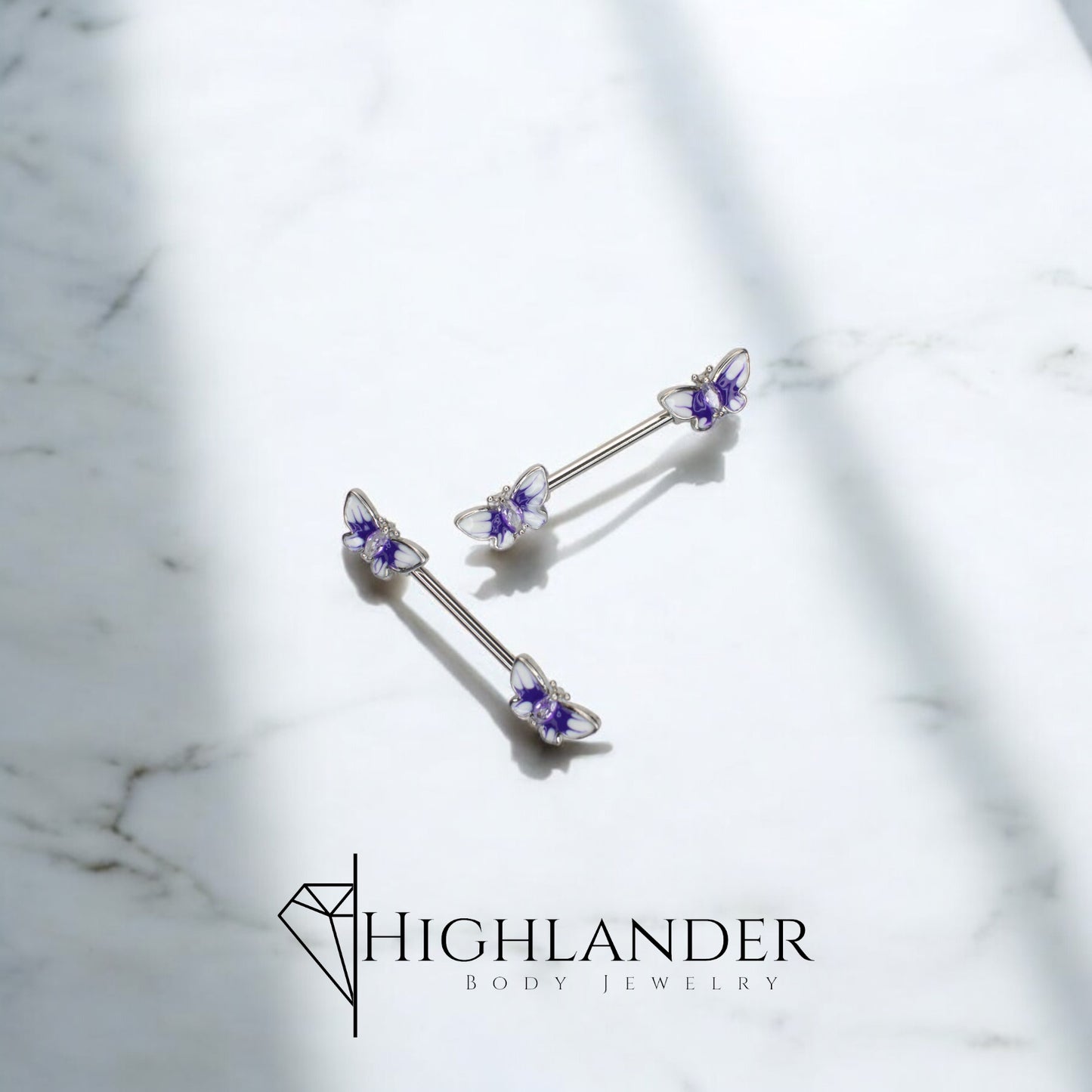 Purple and White Enamel Butterflies with Clear CZ Nipple Barbells