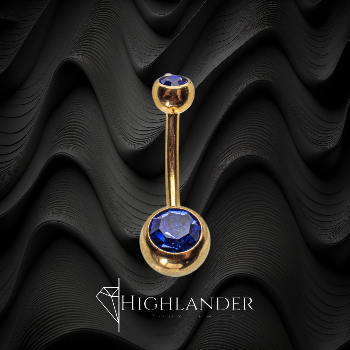 Gold over 316L Surgical Stainless Steel Royal Blue CZ Double Ball Navel Piercing - Non Dangle