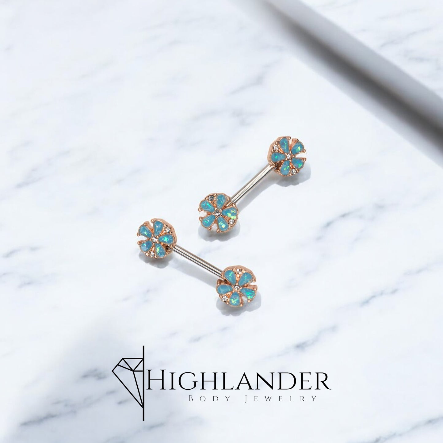 Rose Gold Aqua Opal Petal Flower Nipple Barbells