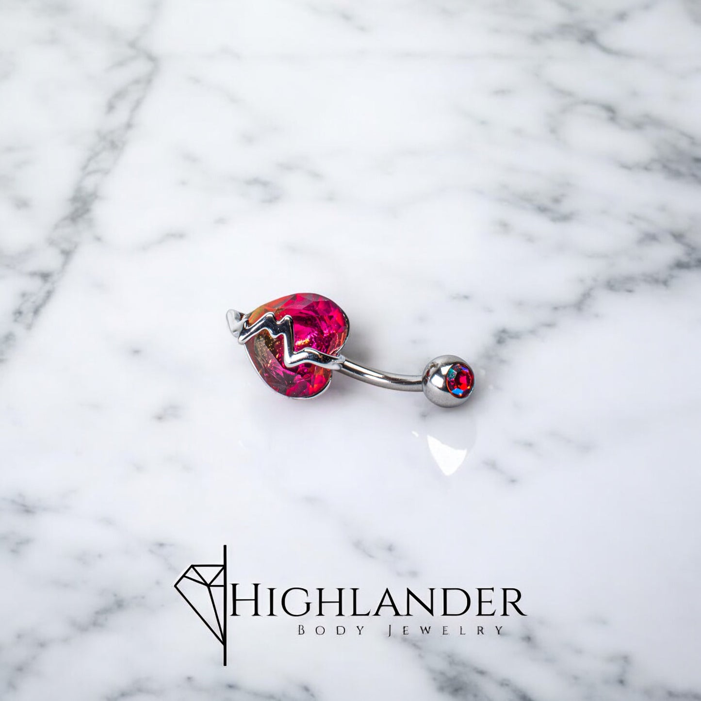 Red Iridescent CZ Heart with Vertical Silver Pulse Accent Navel Piercing - Non Dangle