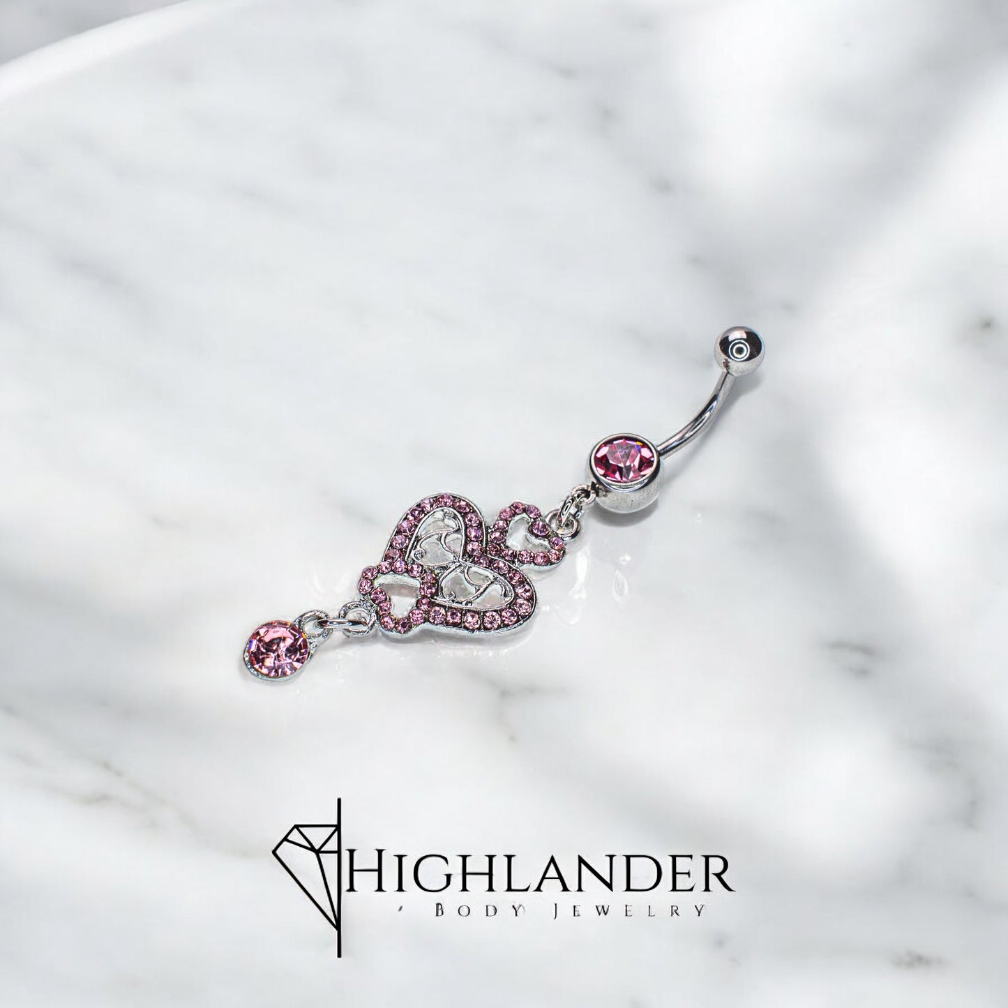 Pink CZ Paved Hearts Navel Piercing - Dangle