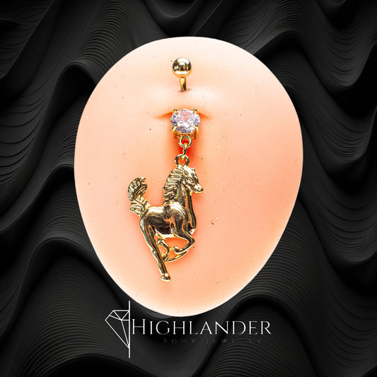 Gold Horse with Clear CZ Navel Piercing - Dangle