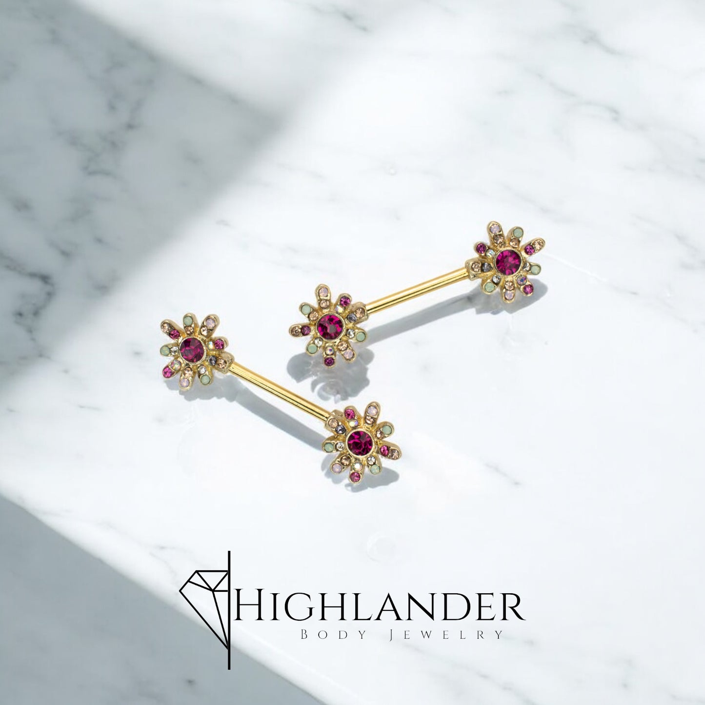 Gold Dark Pink CZ Centered Flower Ends Nipple Barbells