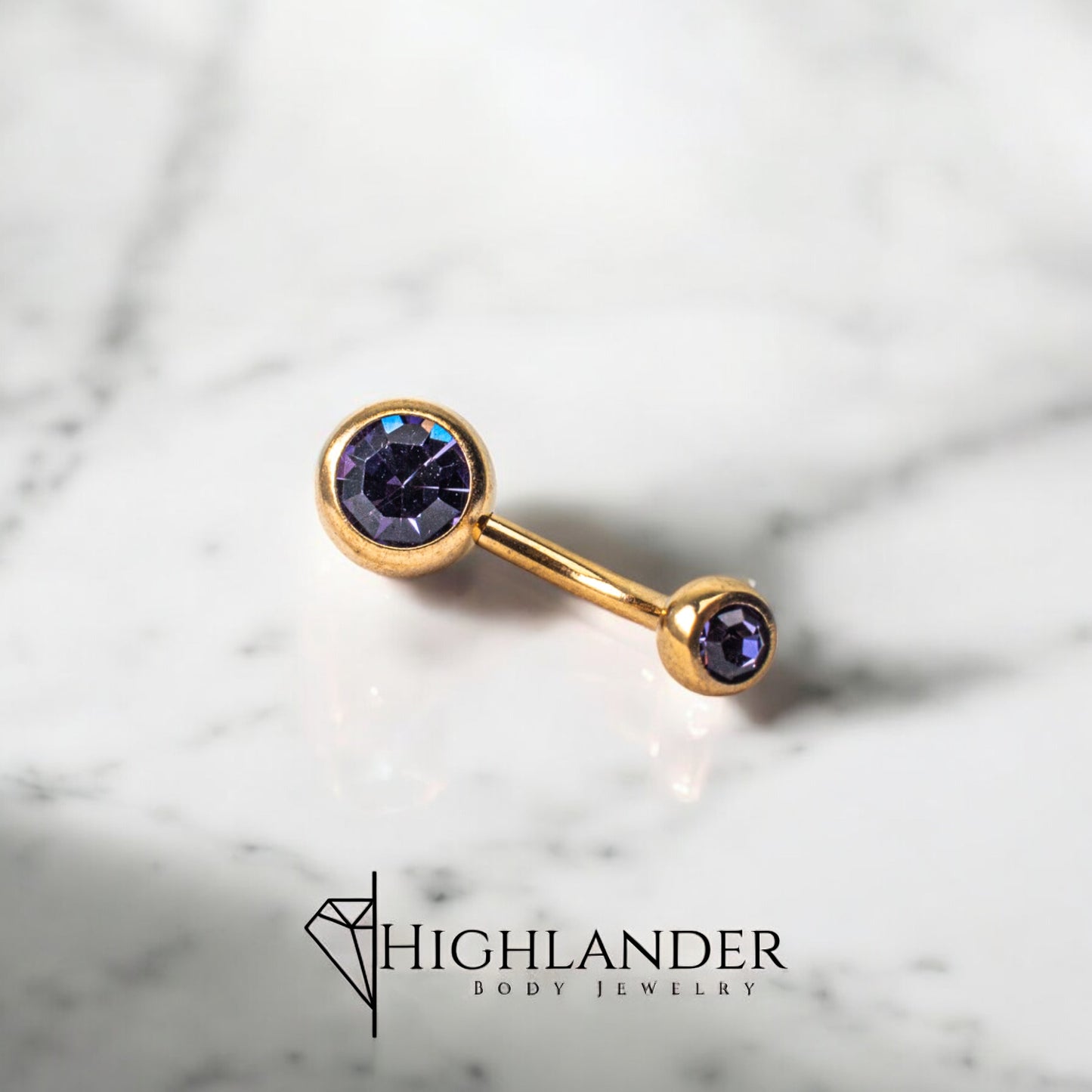 Gold over 316L Surgical Stainless Steel Light Purple CZ Double Ball Navel Piercing - Non Dangle